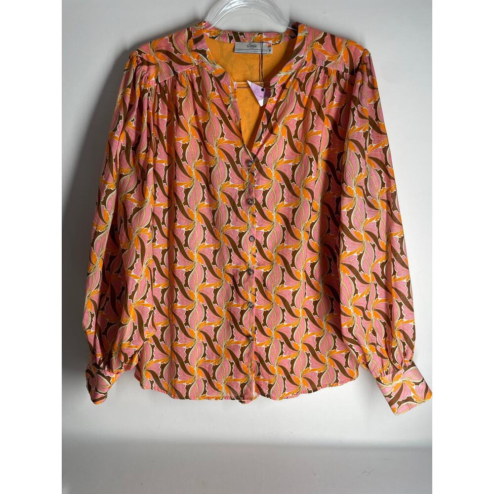 Devotion Twins Lotos Button Front Blouse Orange Pink Printed Size Medium NEW
